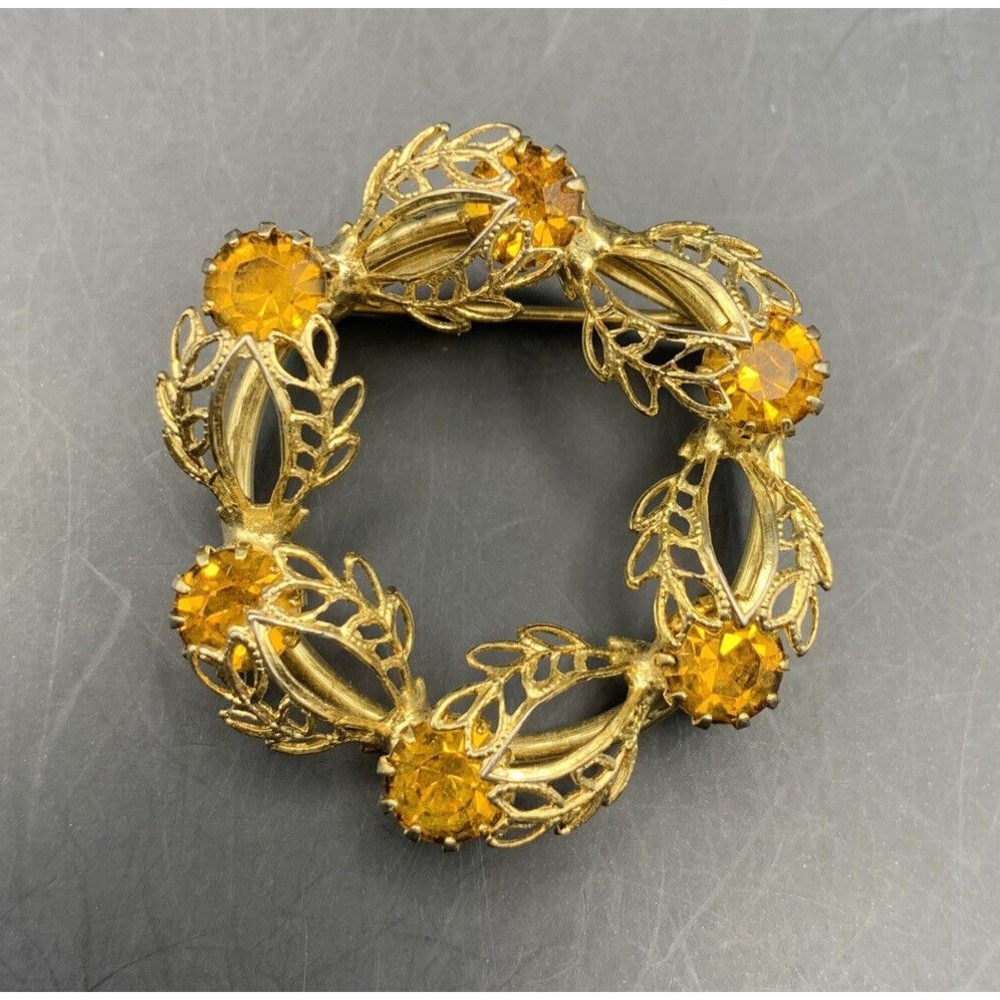 Amber Tone Rhinestone Brooch Pin Round Wreath Floral Filigree Look Gold Vintage